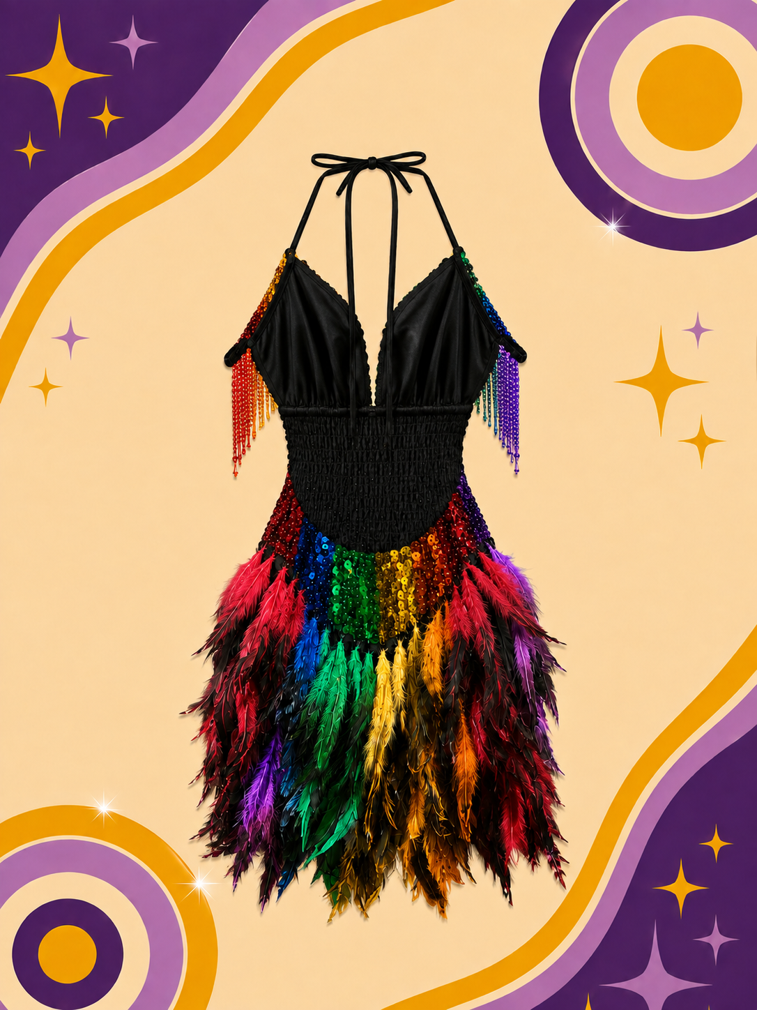 Hand Made Sequin Showgirl Dress Rainbow with Feathers