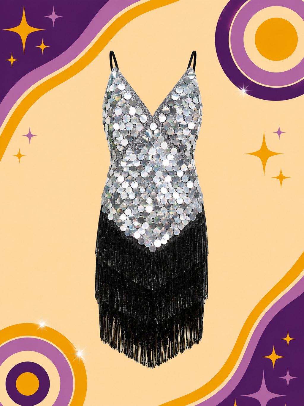 Gold Sequin Black Tassel Fringe Showgirl Dress