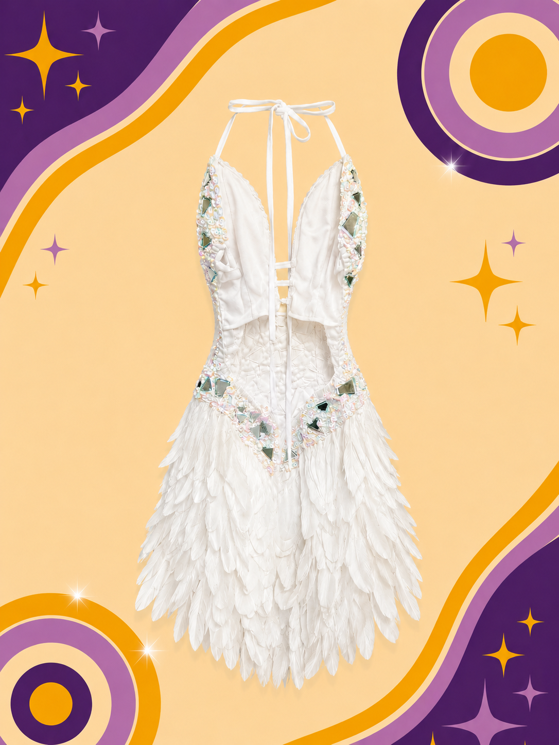 Hand Made White Showgirl Dress with Sequins and Feathers