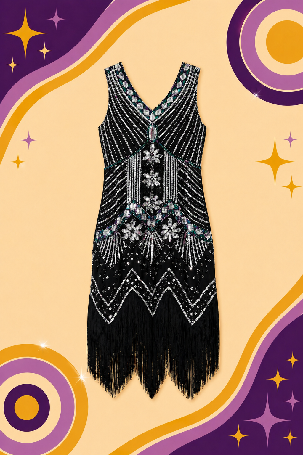1920's Inspired Black and Silver tassel Dress
