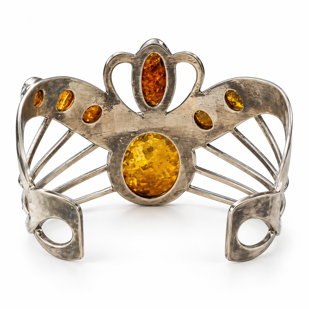 Handcrafted 925 Sterling Silver Bracelet With Amber Stone Detailing