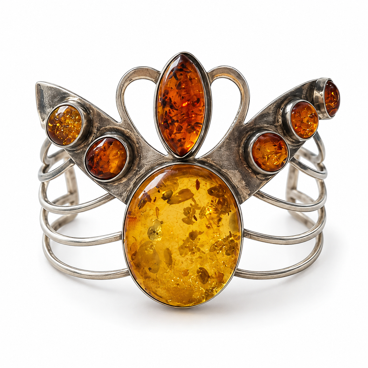 Handcrafted 925 Sterling Silver Bracelet With Amber Stone Detailing