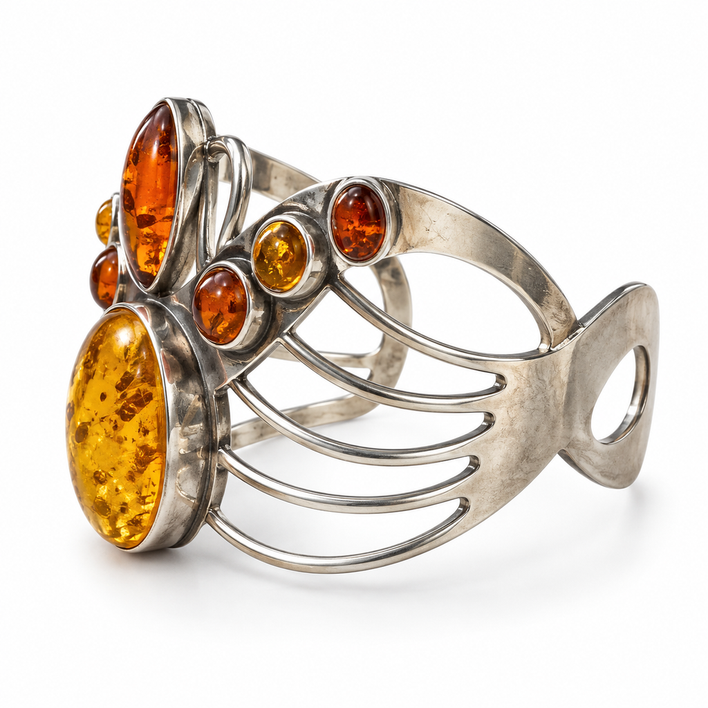 Handcrafted 925 Sterling Silver Bracelet With Amber Stone Detailing