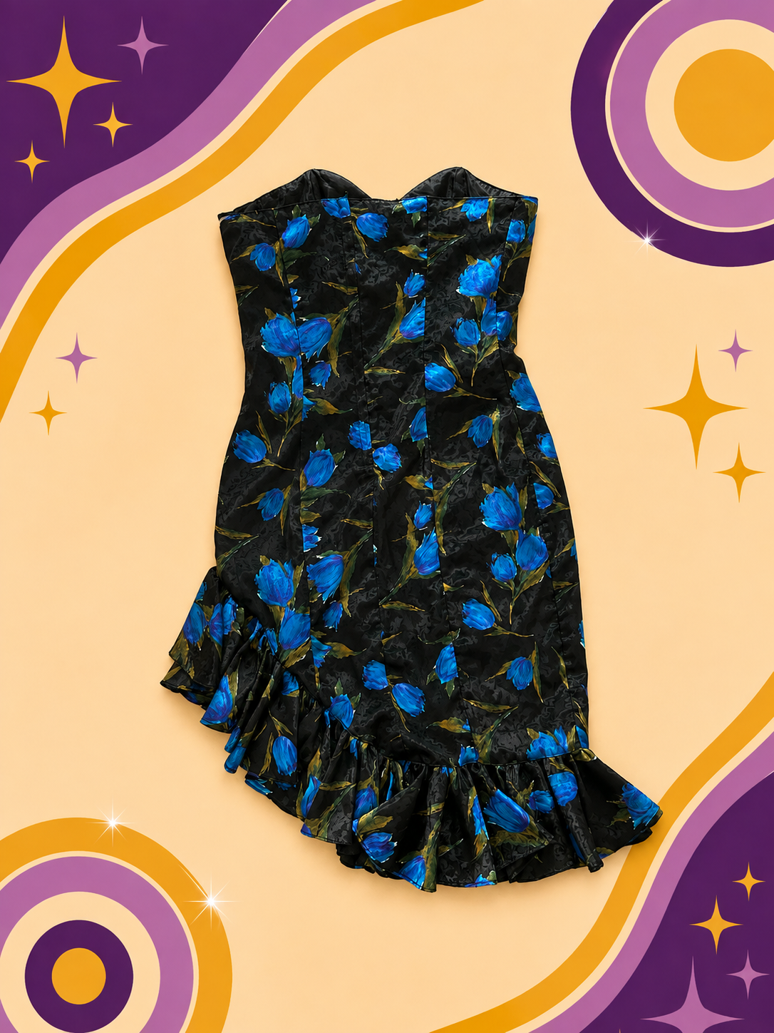 1980's Original vintage Blue Rose Strapless Dress