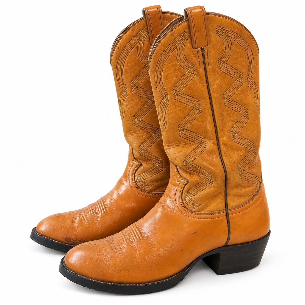 Genuine Leather Tony Lama Cowboy Boot M9 Caramel Brown With Blue Stitching
