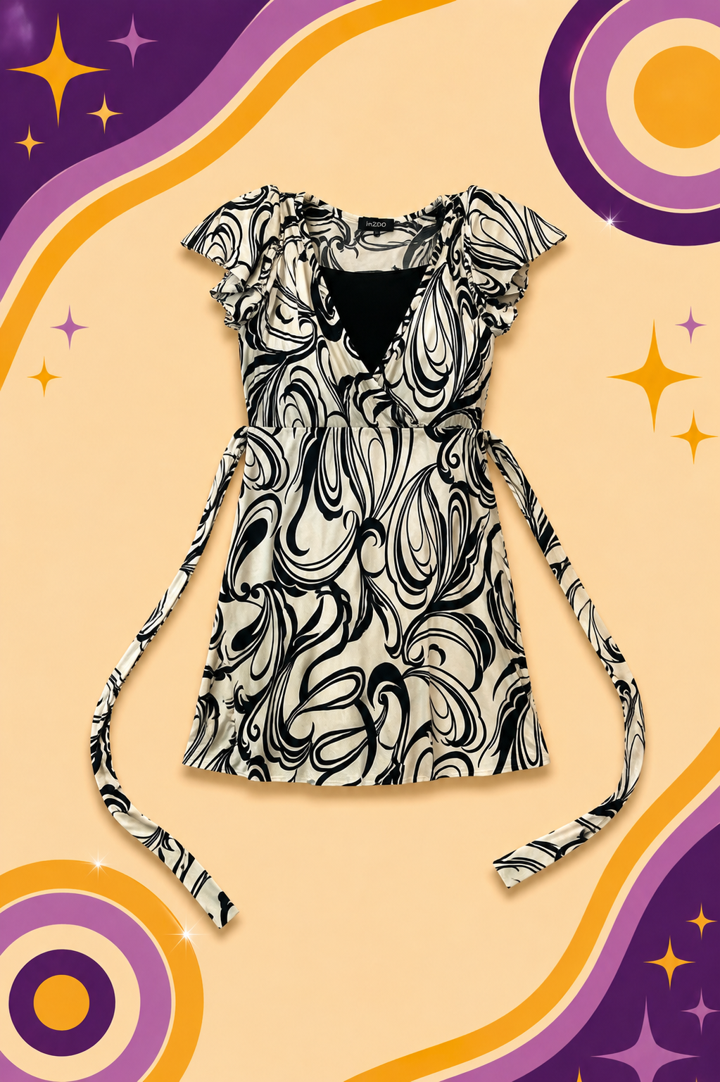 1990's Inzino White/Black Print Tie Back Dress