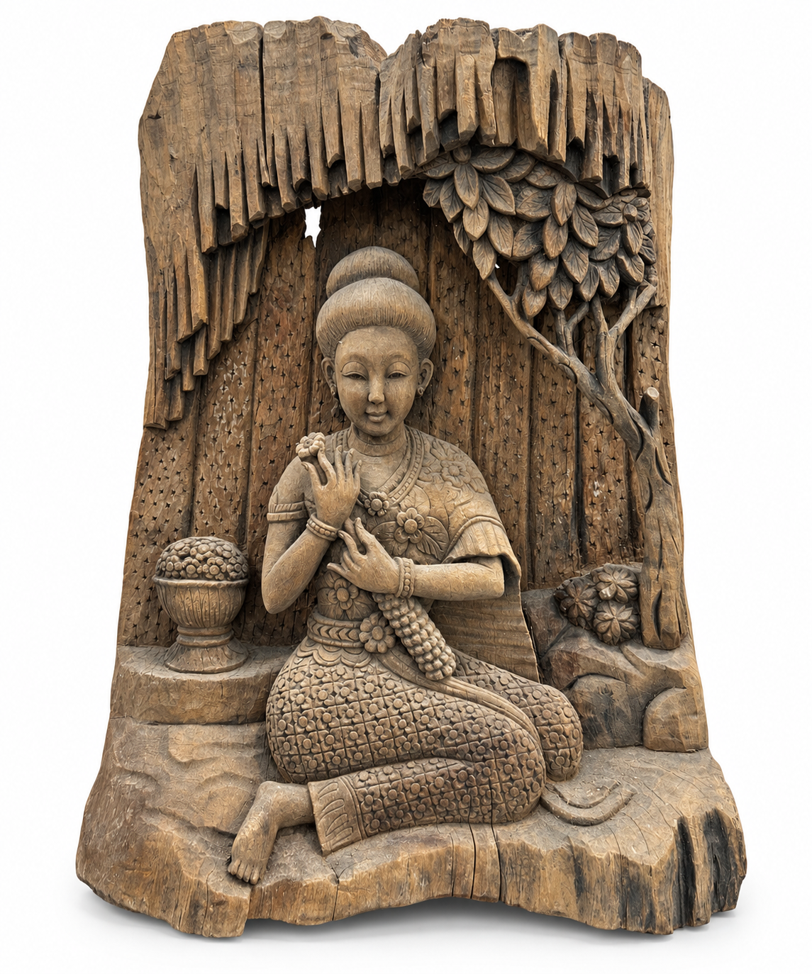 Hand carved Wooden Statue Lady Under A Tree