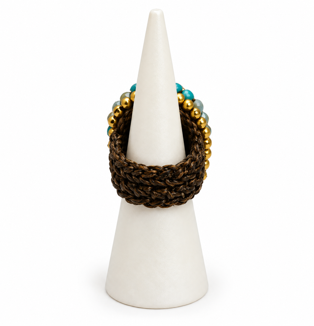 Handmade Woven Ring With Beaded Detailing (Blue)