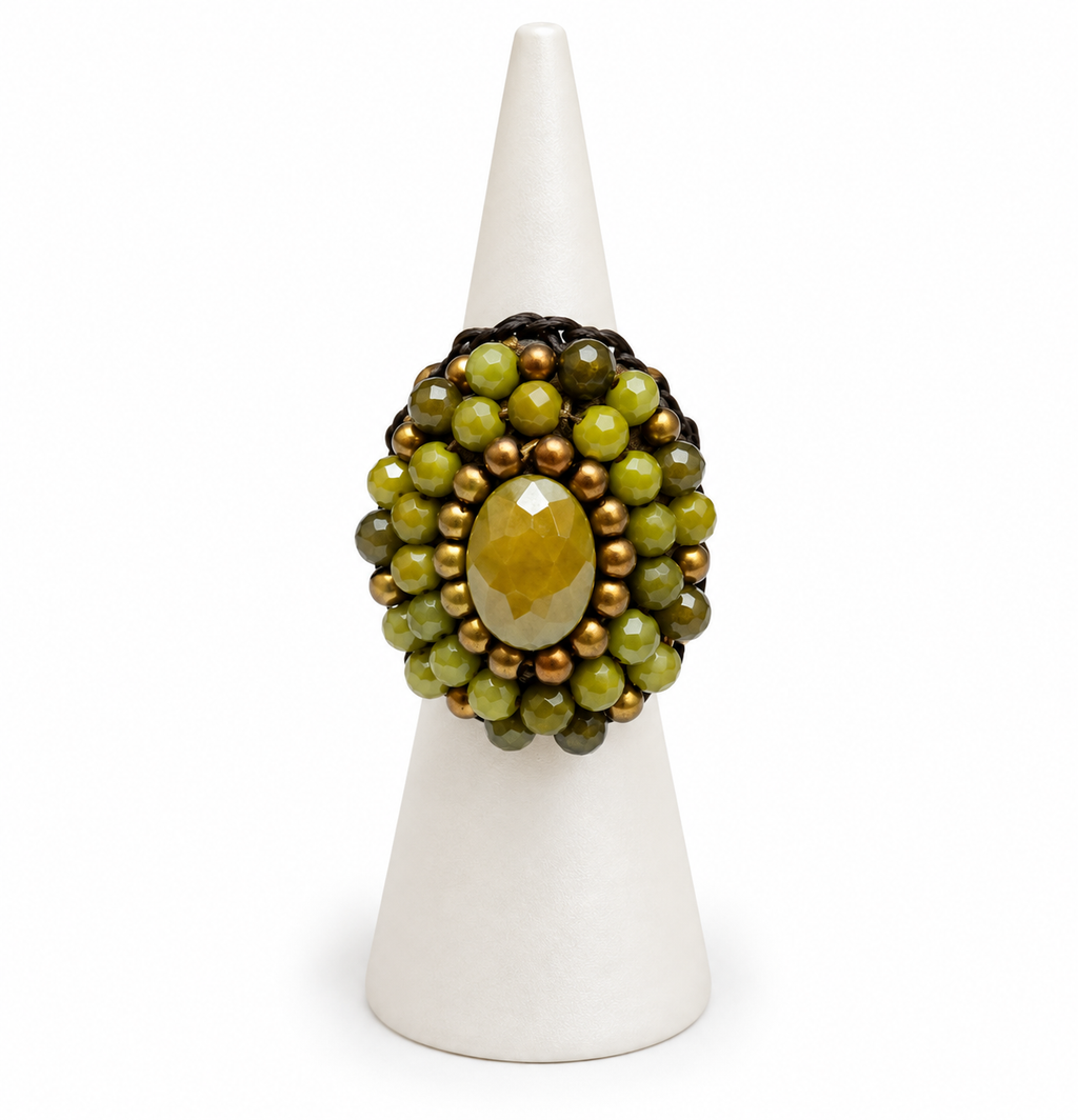 Handmade Woven Ring With Beaded Detailing (Lime Green)