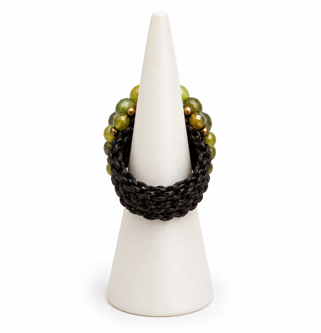Handmade Woven Ring With Beaded Detailing (Lime Green)