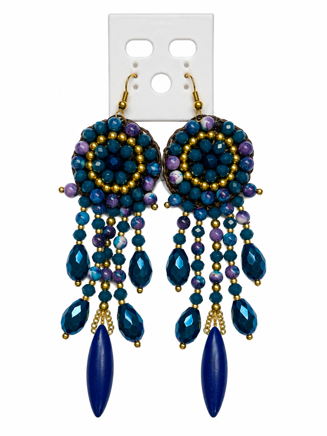 Handmade Woven Earrings With Beaded Detailing (Navy Blue)