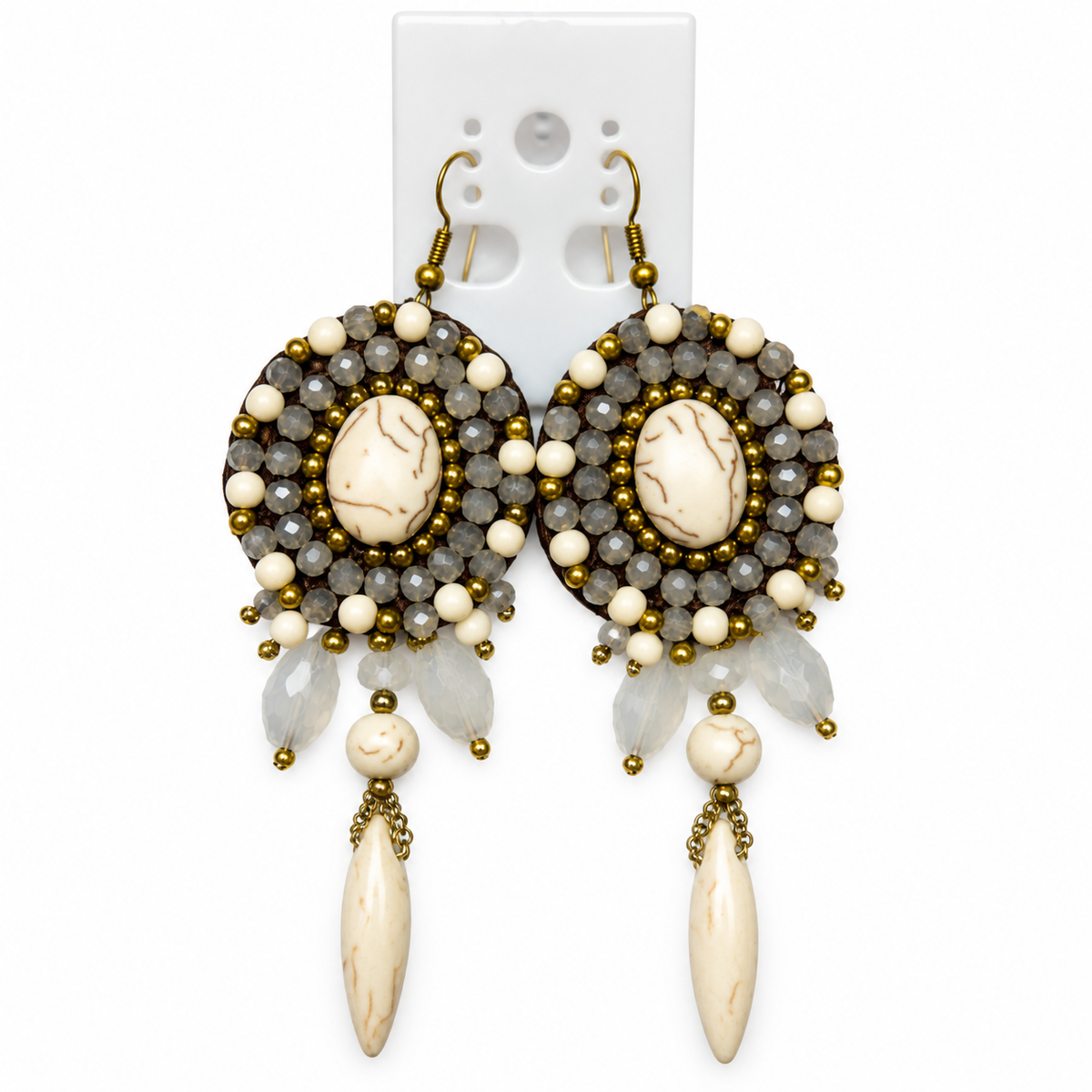 Handmade Woven Earrings With Beaded Detailing (Cream)