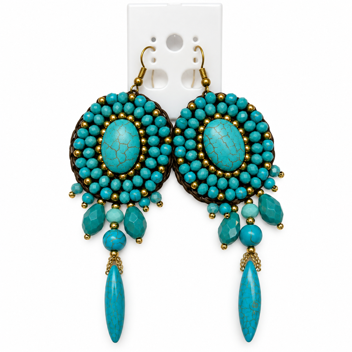 Handmade Woven Earrings With Beaded Detailing (Turquoise)