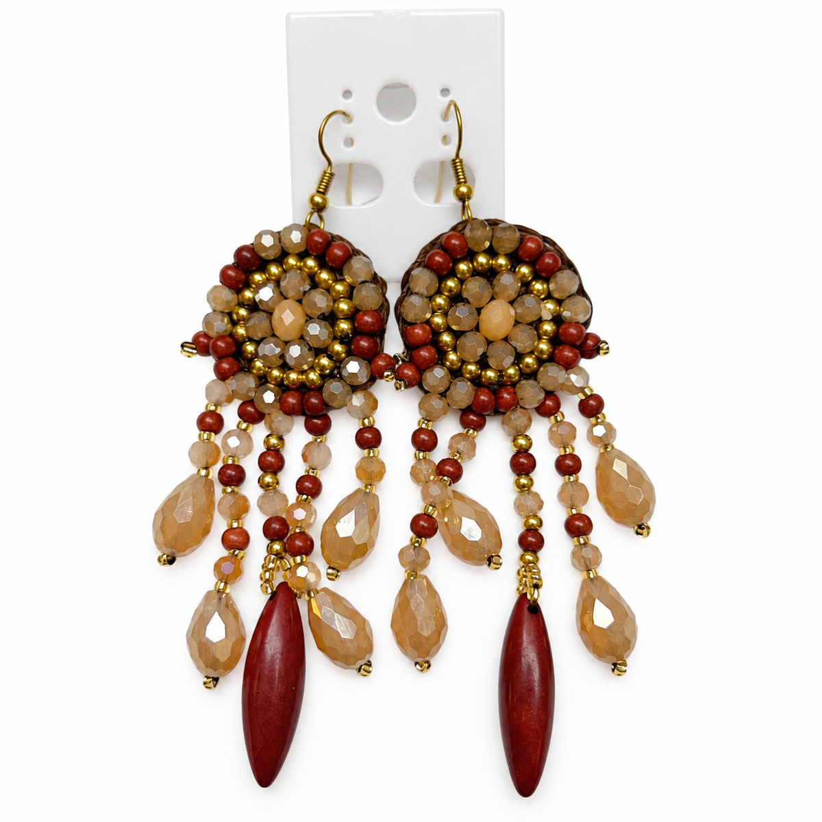 Handmade Woven Earrings With Beaded Detailing (Brown)