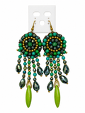 Handmade Woven Earrings With Beaded Detailing (Green)