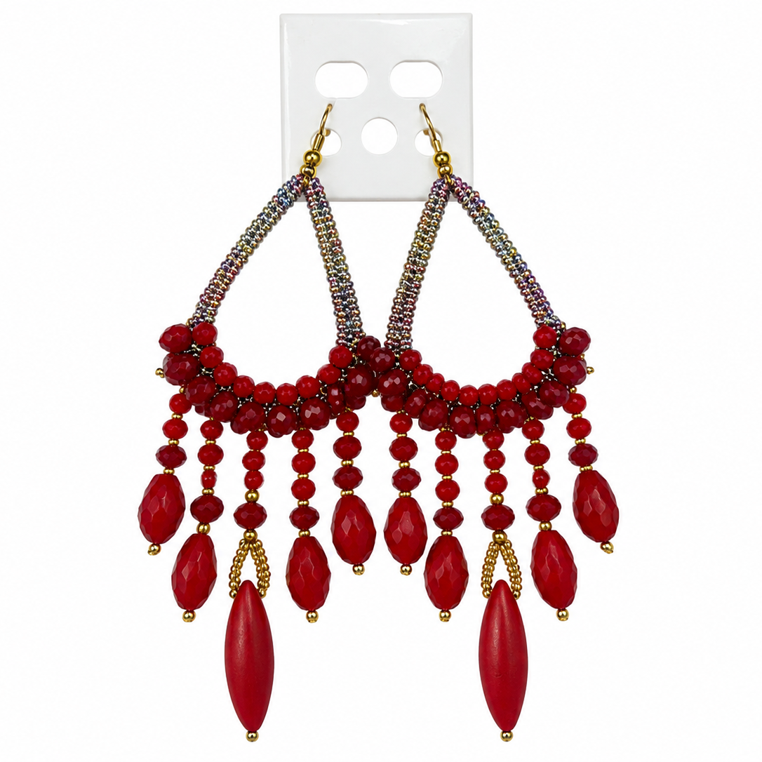 Handmade Woven Earrings With Beaded Detailing (Red)