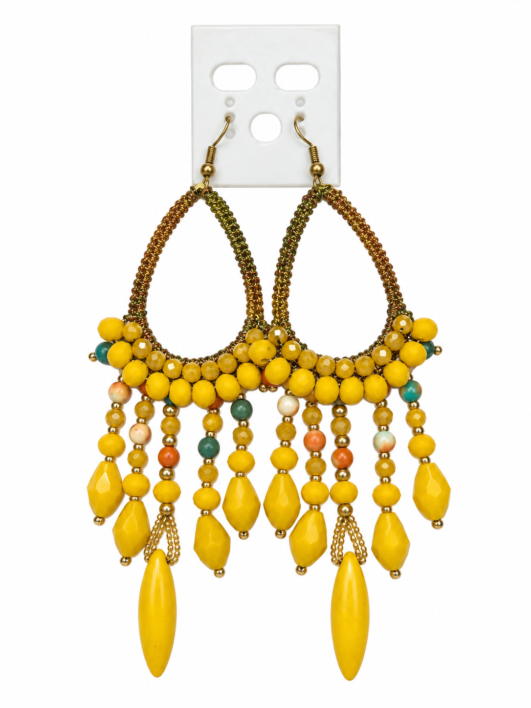 Handmade Woven Earrings With Beaded Detailing (Yellow)