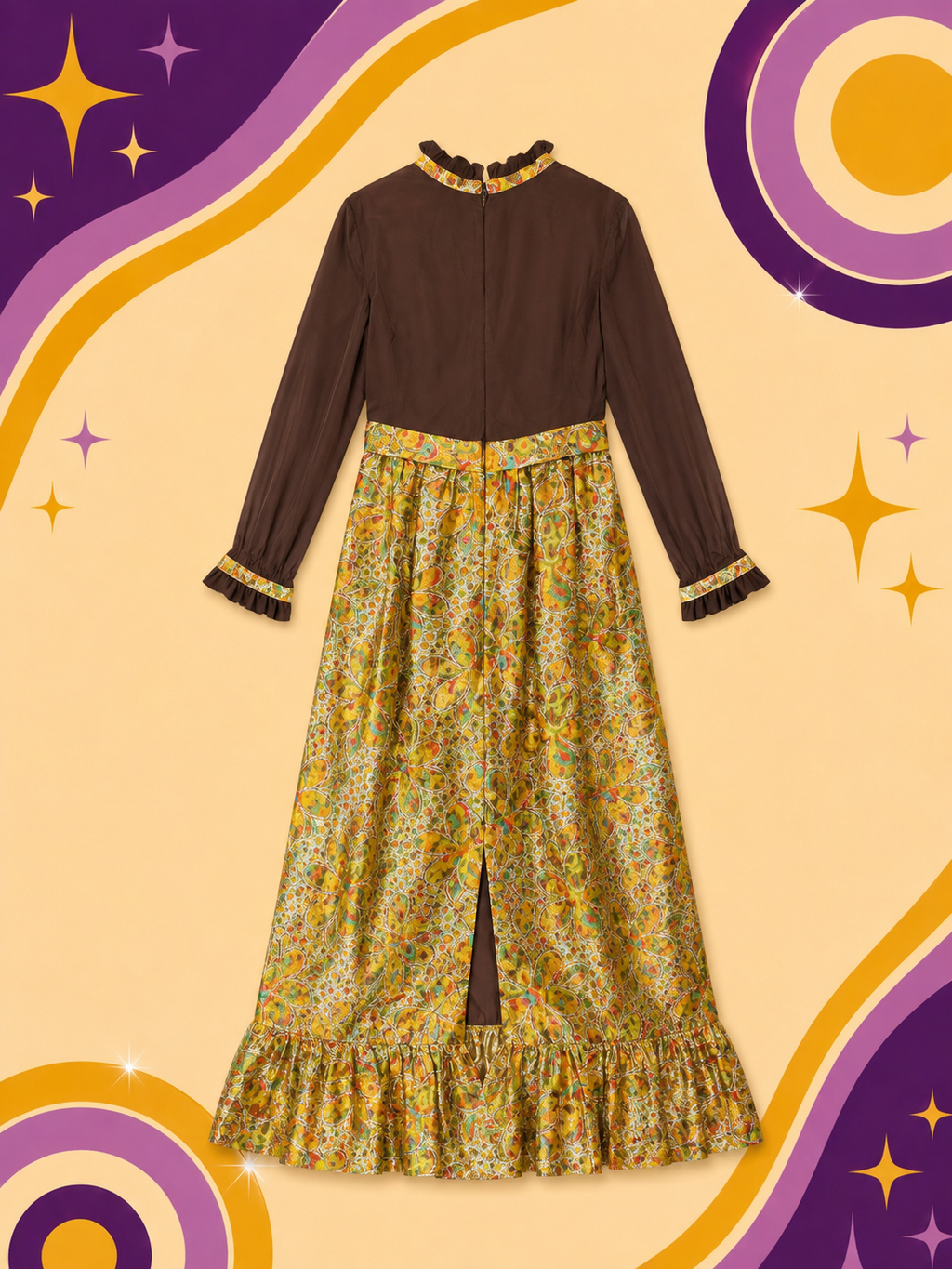 1970's Original Vintage Handmade Rare Gold/Brown Dress