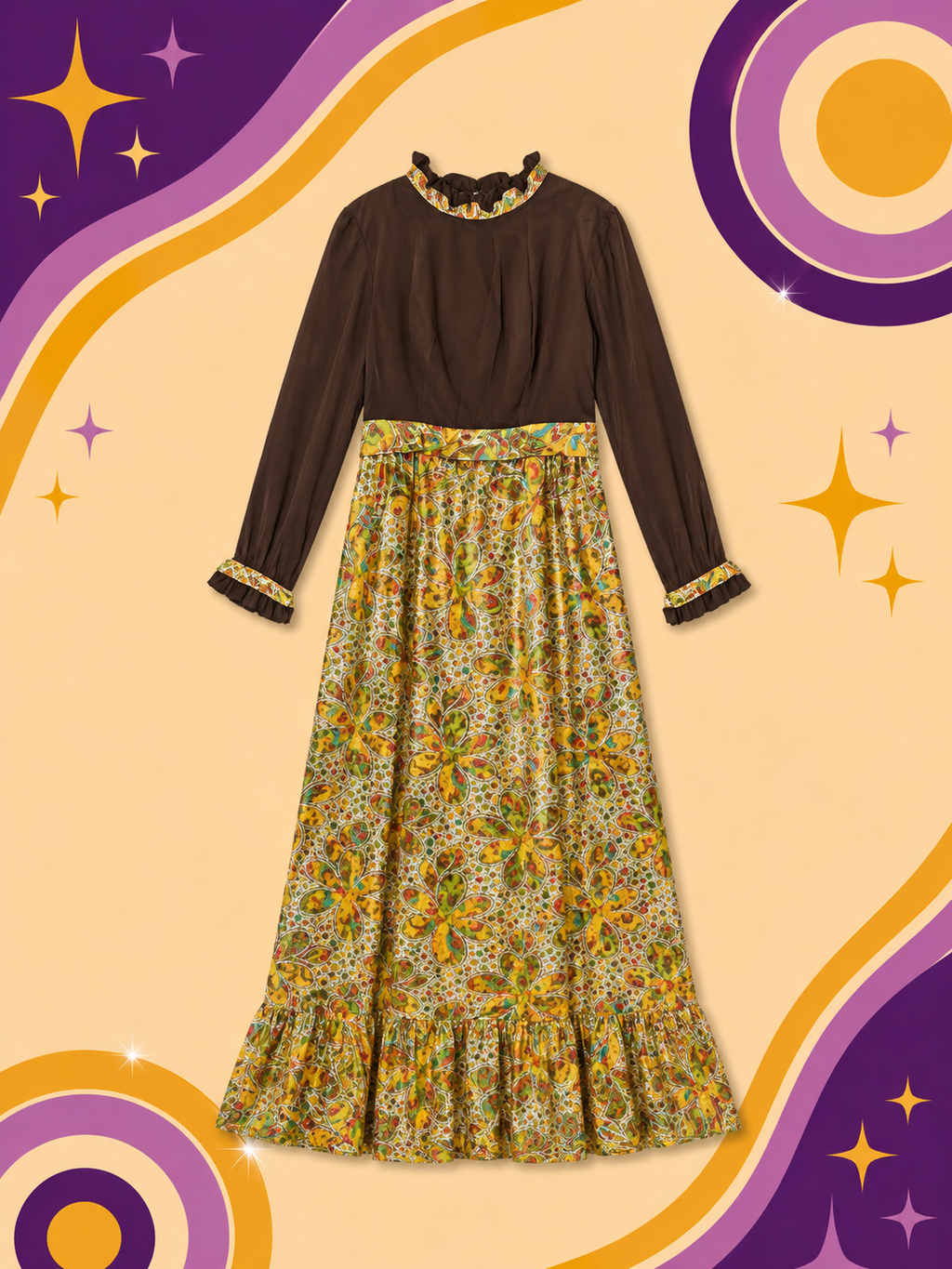 1970's Original Vintage Handmade Rare Gold/Brown Dress