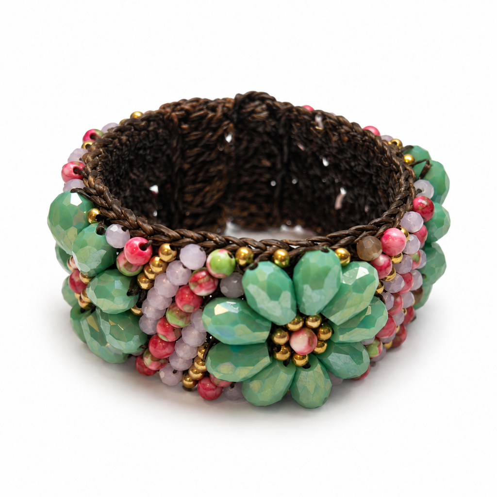 Handmade Woven Bracelet With Beaded Detailing (Aqua and Pink)