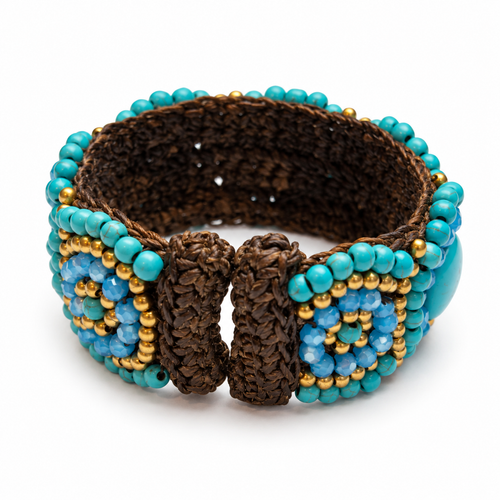 Handmade Woven Bracelet With Beaded Detailing (Turquoise)