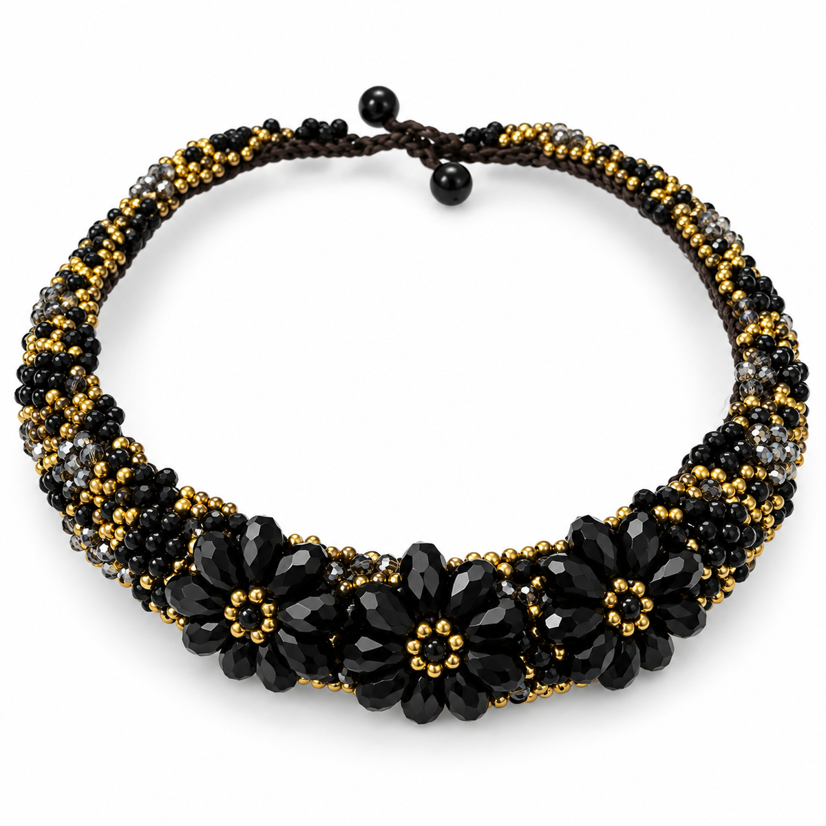 Handmade Woven Necklace With Beaded Detailing (Black and Gold)