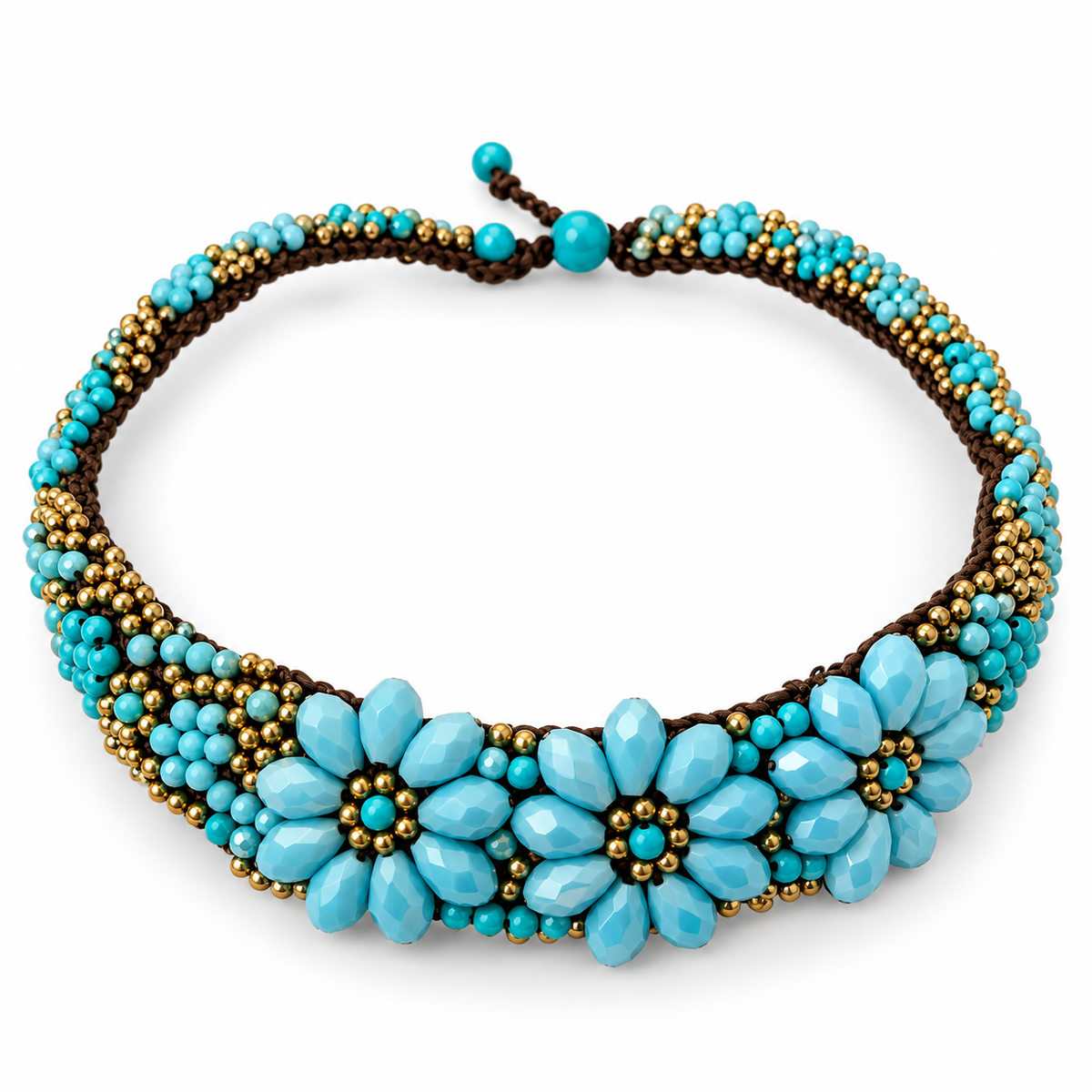 Handmade Woven Necklace With Beaded Detailing (Aqua)