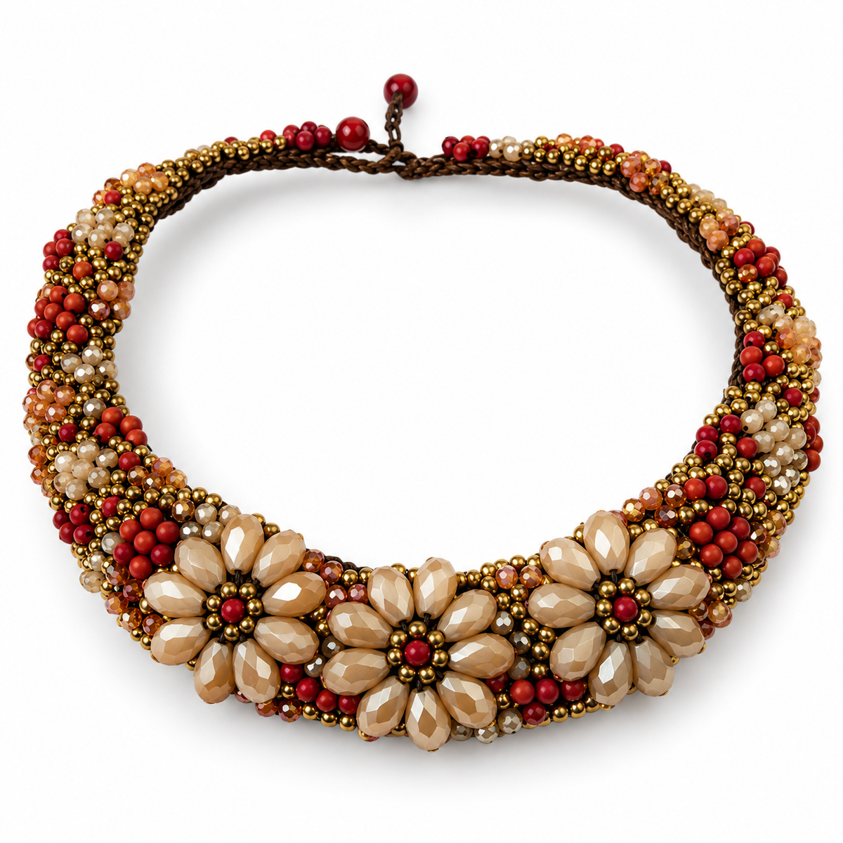 Handmade Woven Necklace With Beaded Detailing (Brown)